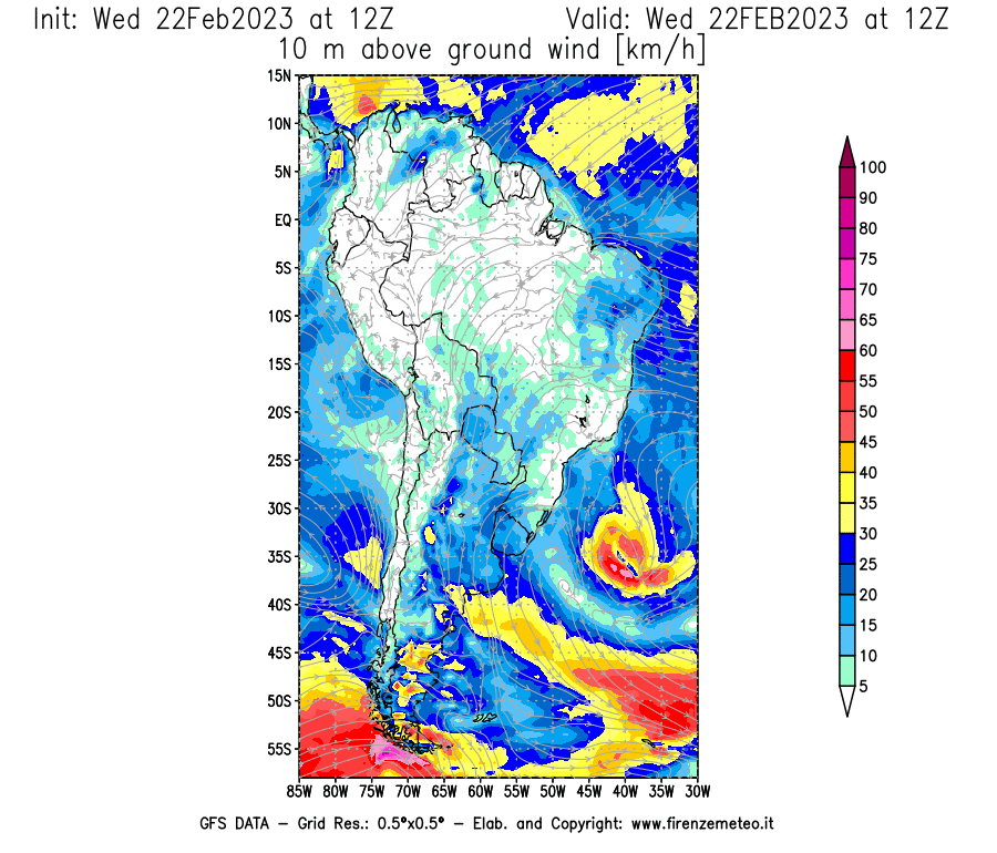 Mappa di analisi GFS - Velocità del vento a 10 metri dal suolo [km/h] in Sud-America
							del 22/02/2023 12 <!--googleoff: index-->UTC<!--googleon: index-->