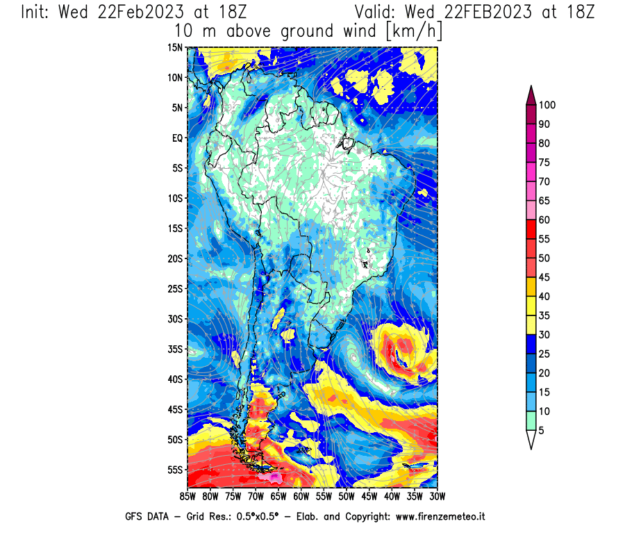 Mappa di analisi GFS - Velocità del vento a 10 metri dal suolo [km/h] in Sud-America
							del 22/02/2023 18 <!--googleoff: index-->UTC<!--googleon: index-->