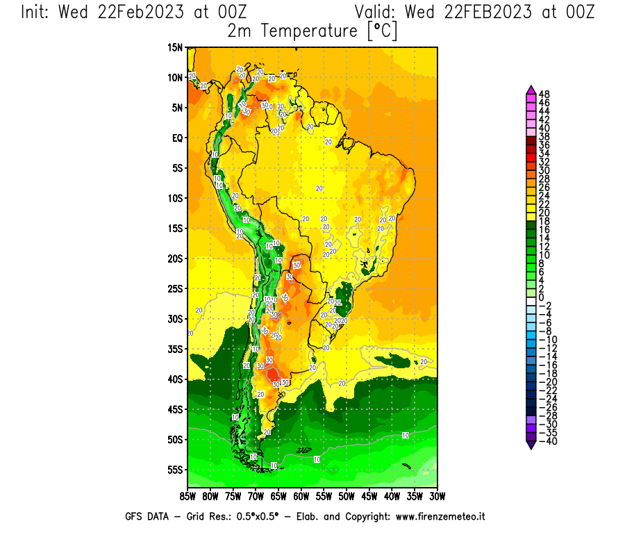 Mappa di analisi GFS - Temperatura a 2 metri dal suolo [°C] in Sud-America
							del 22/02/2023 00 <!--googleoff: index-->UTC<!--googleon: index-->
