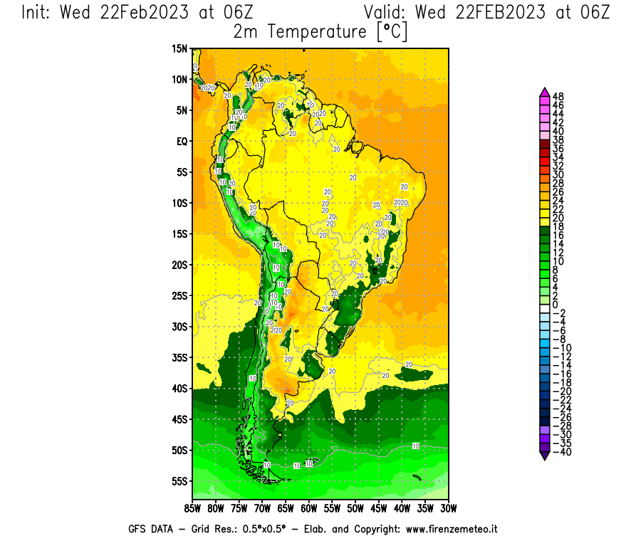 Mappa di analisi GFS - Temperatura a 2 metri dal suolo [°C] in Sud-America
							del 22/02/2023 06 <!--googleoff: index-->UTC<!--googleon: index-->