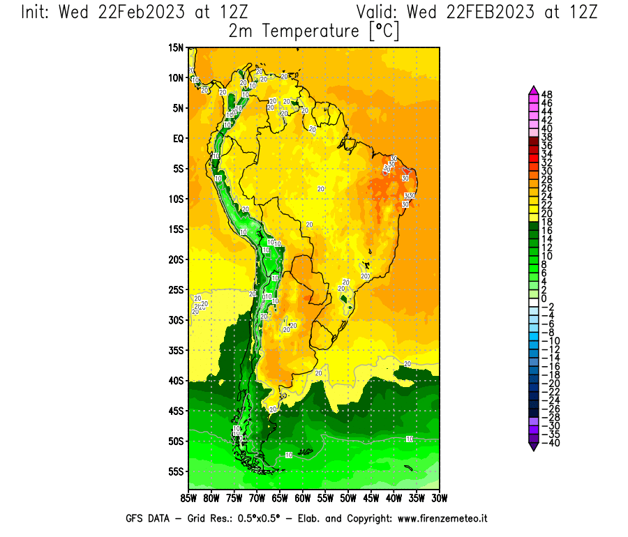 Mappa di analisi GFS - Temperatura a 2 metri dal suolo [°C] in Sud-America
							del 22/02/2023 12 <!--googleoff: index-->UTC<!--googleon: index-->