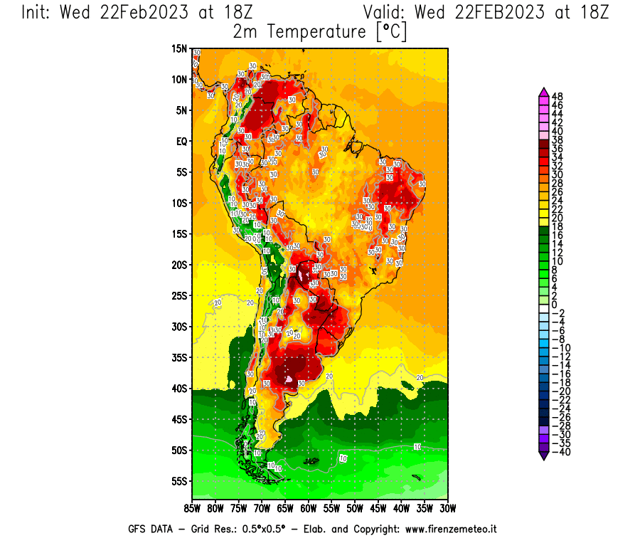 Mappa di analisi GFS - Temperatura a 2 metri dal suolo [°C] in Sud-America
							del 22/02/2023 18 <!--googleoff: index-->UTC<!--googleon: index-->