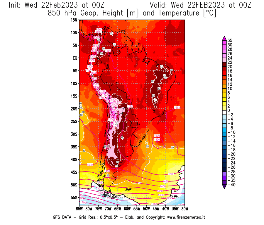 Mappa di analisi GFS - Geopotenziale [m] e Temperatura [°C] a 850 hPa in Sud-America
							del 22/02/2023 00 <!--googleoff: index-->UTC<!--googleon: index-->