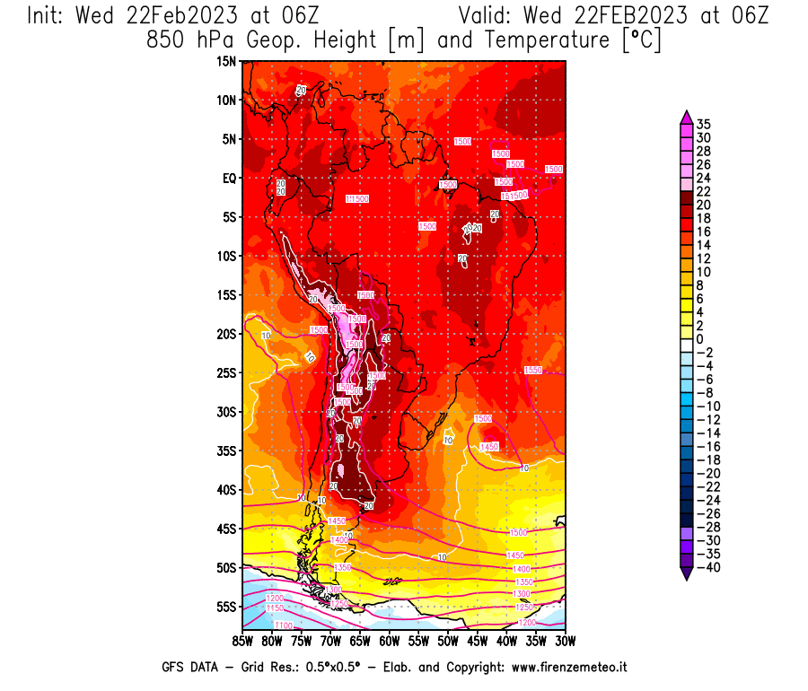 Mappa di analisi GFS - Geopotenziale [m] e Temperatura [°C] a 850 hPa in Sud-America
							del 22/02/2023 06 <!--googleoff: index-->UTC<!--googleon: index-->