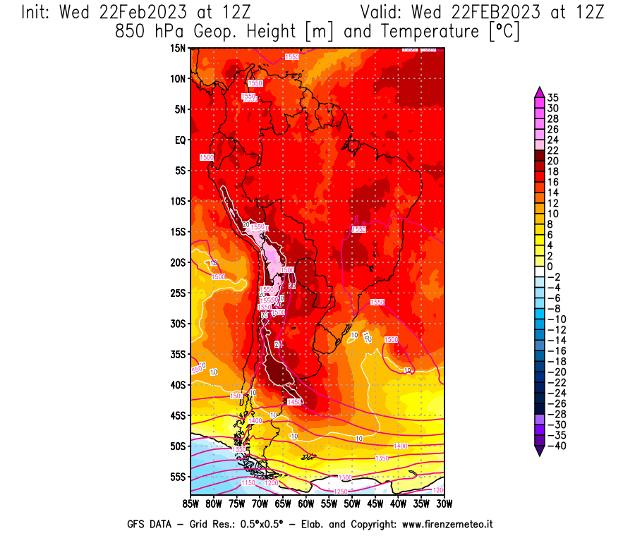 Mappa di analisi GFS - Geopotenziale [m] e Temperatura [°C] a 850 hPa in Sud-America
							del 22/02/2023 12 <!--googleoff: index-->UTC<!--googleon: index-->