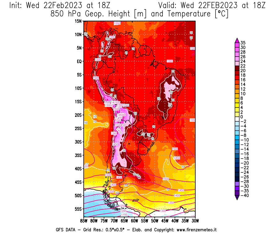 Mappa di analisi GFS - Geopotenziale [m] e Temperatura [°C] a 850 hPa in Sud-America
							del 22/02/2023 18 <!--googleoff: index-->UTC<!--googleon: index-->