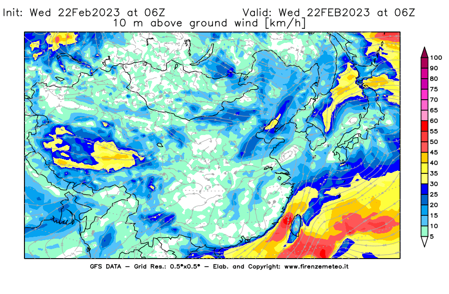 Mappa di analisi GFS - Velocità del vento a 10 metri dal suolo [km/h] in Asia Orientale
							del 22/02/2023 06 <!--googleoff: index-->UTC<!--googleon: index-->