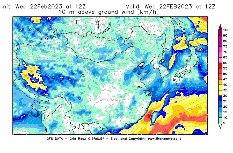 Mappa di analisi GFS - Velocità del vento a 10 metri dal suolo [km/h] in Asia Orientale
							del 22/02/2023 12 <!--googleoff: index-->UTC<!--googleon: index-->