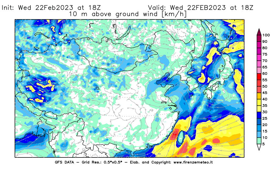 Mappa di analisi GFS - Velocità del vento a 10 metri dal suolo [km/h] in Asia Orientale
							del 22/02/2023 18 <!--googleoff: index-->UTC<!--googleon: index-->