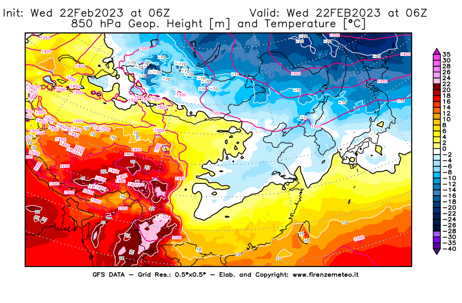 Mappa di analisi GFS - Geopotenziale [m] e Temperatura [°C] a 850 hPa in Asia Orientale
							del 22/02/2023 06 <!--googleoff: index-->UTC<!--googleon: index-->