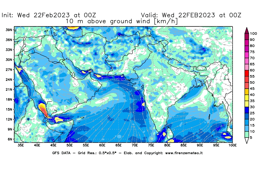 Mappa di analisi GFS - Velocità del vento a 10 metri dal suolo [km/h] in Asia Sud-Occidentale
							del 22/02/2023 00 <!--googleoff: index-->UTC<!--googleon: index-->