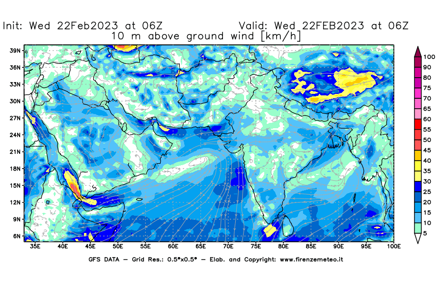 Mappa di analisi GFS - Velocità del vento a 10 metri dal suolo [km/h] in Asia Sud-Occidentale
							del 22/02/2023 06 <!--googleoff: index-->UTC<!--googleon: index-->
