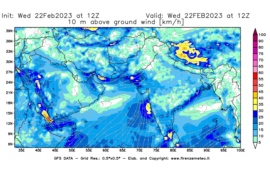 Mappa di analisi GFS - Velocità del vento a 10 metri dal suolo [km/h] in Asia Sud-Occidentale
							del 22/02/2023 12 <!--googleoff: index-->UTC<!--googleon: index-->