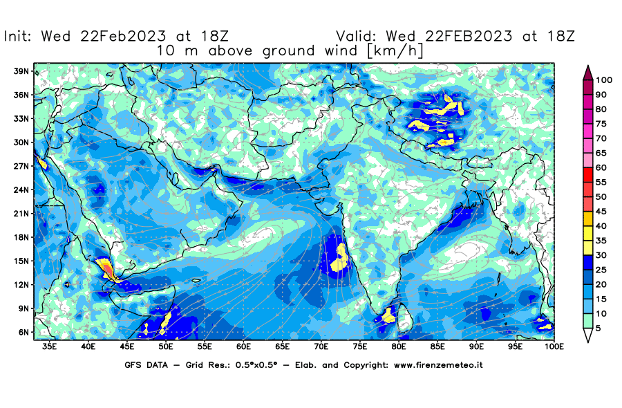 Mappa di analisi GFS - Velocità del vento a 10 metri dal suolo [km/h] in Asia Sud-Occidentale
							del 22/02/2023 18 <!--googleoff: index-->UTC<!--googleon: index-->