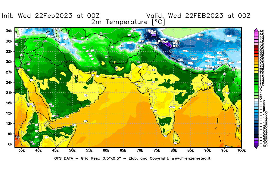 Mappa di analisi GFS - Temperatura a 2 metri dal suolo [°C] in Asia Sud-Occidentale
							del 22/02/2023 00 <!--googleoff: index-->UTC<!--googleon: index-->
