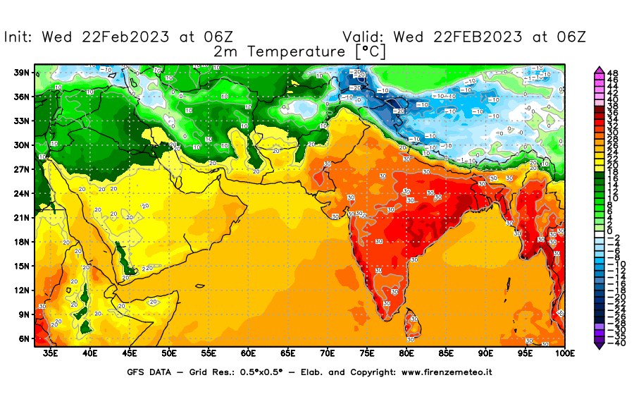 Mappa di analisi GFS - Temperatura a 2 metri dal suolo [°C] in Asia Sud-Occidentale
							del 22/02/2023 06 <!--googleoff: index-->UTC<!--googleon: index-->