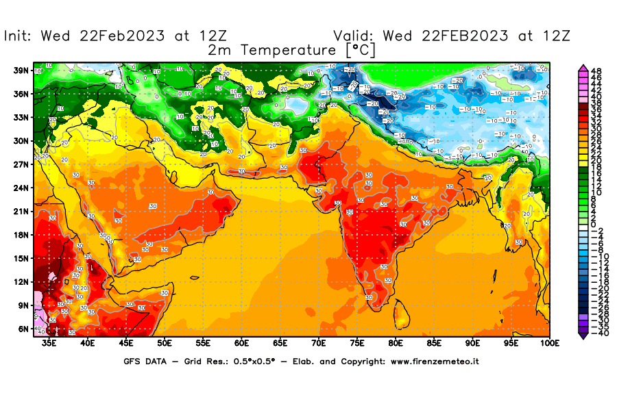 Mappa di analisi GFS - Temperatura a 2 metri dal suolo [°C] in Asia Sud-Occidentale
							del 22/02/2023 12 <!--googleoff: index-->UTC<!--googleon: index-->