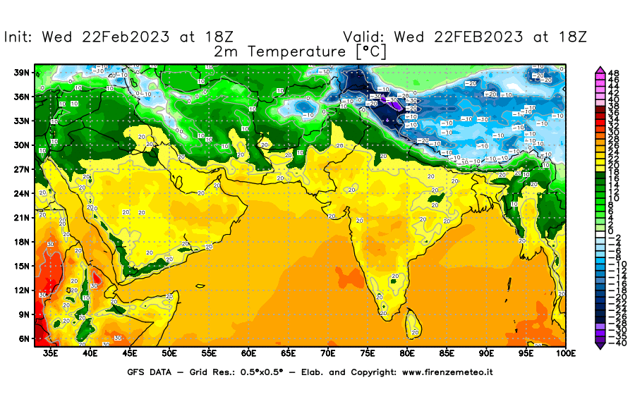 Mappa di analisi GFS - Temperatura a 2 metri dal suolo [°C] in Asia Sud-Occidentale
							del 22/02/2023 18 <!--googleoff: index-->UTC<!--googleon: index-->