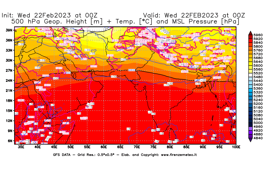 Mappa di analisi GFS - Geopotenziale [m] + Temp. [°C] a 500 hPa + Press. a livello del mare [hPa] in Asia Sud-Occidentale
							del 22/02/2023 00 <!--googleoff: index-->UTC<!--googleon: index-->