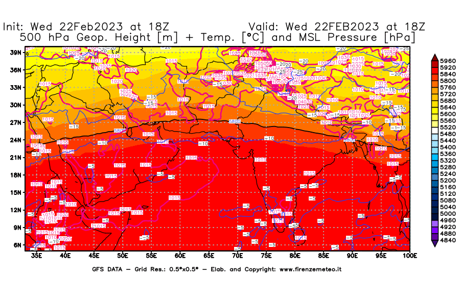 Mappa di analisi GFS - Geopotenziale [m] + Temp. [°C] a 500 hPa + Press. a livello del mare [hPa] in Asia Sud-Occidentale
							del 22/02/2023 18 <!--googleoff: index-->UTC<!--googleon: index-->