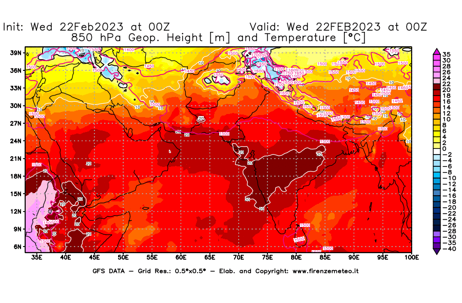 Mappa di analisi GFS - Geopotenziale [m] e Temperatura [°C] a 850 hPa in Asia Sud-Occidentale
							del 22/02/2023 00 <!--googleoff: index-->UTC<!--googleon: index-->
