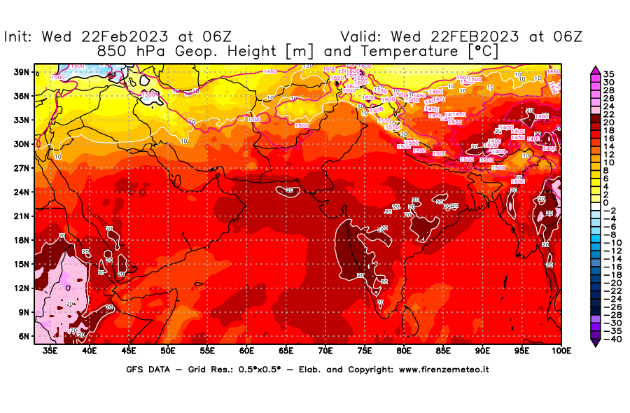 Mappa di analisi GFS - Geopotenziale [m] e Temperatura [°C] a 850 hPa in Asia Sud-Occidentale
							del 22/02/2023 06 <!--googleoff: index-->UTC<!--googleon: index-->