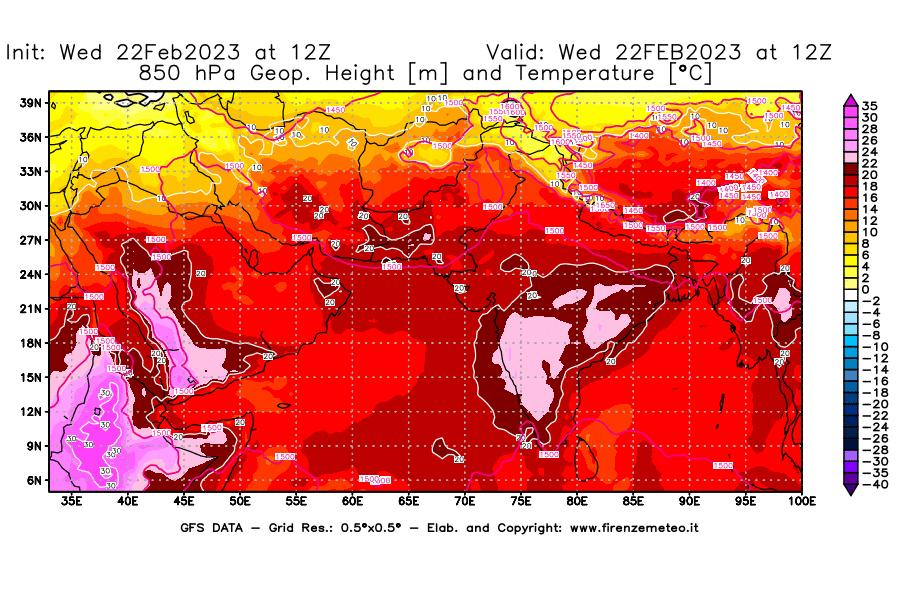 Mappa di analisi GFS - Geopotenziale [m] e Temperatura [°C] a 850 hPa in Asia Sud-Occidentale
							del 22/02/2023 12 <!--googleoff: index-->UTC<!--googleon: index-->