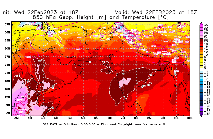 Mappa di analisi GFS - Geopotenziale [m] e Temperatura [°C] a 850 hPa in Asia Sud-Occidentale
							del 22/02/2023 18 <!--googleoff: index-->UTC<!--googleon: index-->