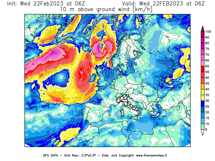 Mappa di analisi GFS - Velocità del vento a 10 metri dal suolo [km/h] in Europa
							del 22/02/2023 06 <!--googleoff: index-->UTC<!--googleon: index-->