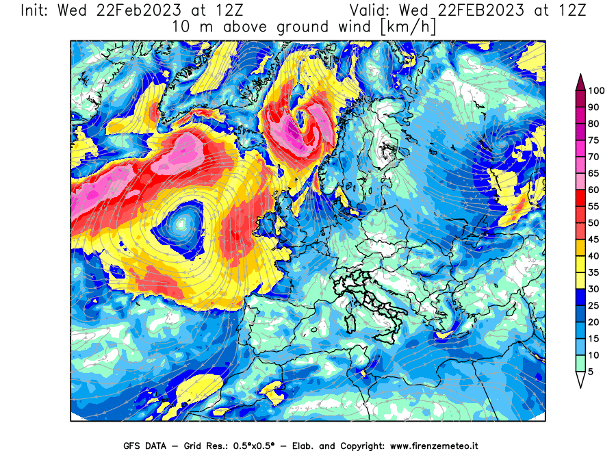 Mappa di analisi GFS - Velocità del vento a 10 metri dal suolo [km/h] in Europa
							del 22/02/2023 12 <!--googleoff: index-->UTC<!--googleon: index-->