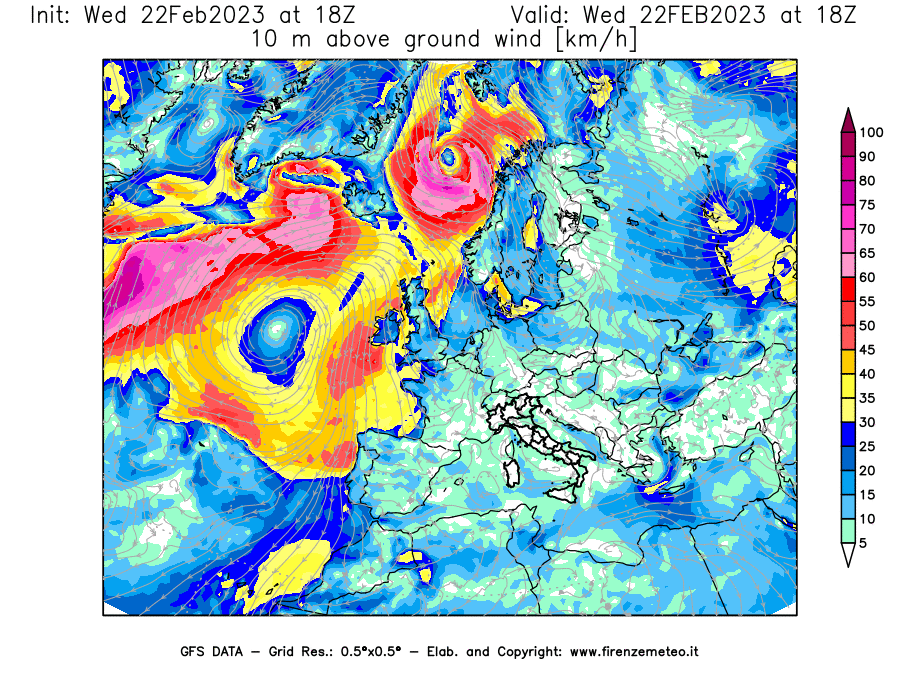 Mappa di analisi GFS - Velocità del vento a 10 metri dal suolo [km/h] in Europa
							del 22/02/2023 18 <!--googleoff: index-->UTC<!--googleon: index-->