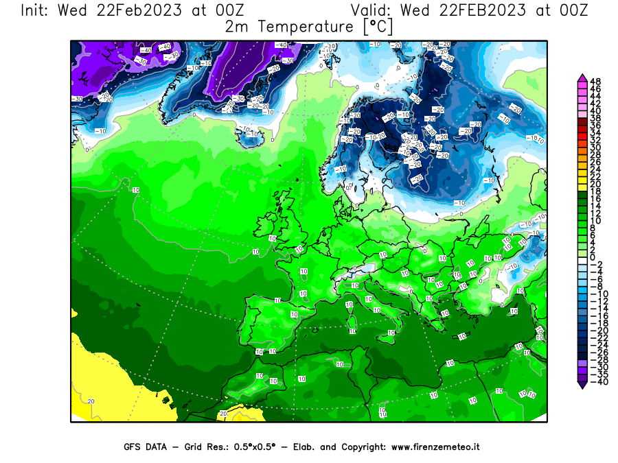 Mappa di analisi GFS - Temperatura a 2 metri dal suolo [°C] in Europa
							del 22/02/2023 00 <!--googleoff: index-->UTC<!--googleon: index-->