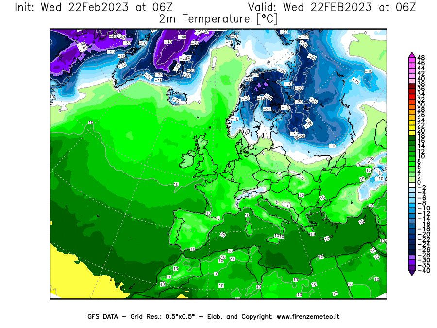 Mappa di analisi GFS - Temperatura a 2 metri dal suolo [°C] in Europa
							del 22/02/2023 06 <!--googleoff: index-->UTC<!--googleon: index-->