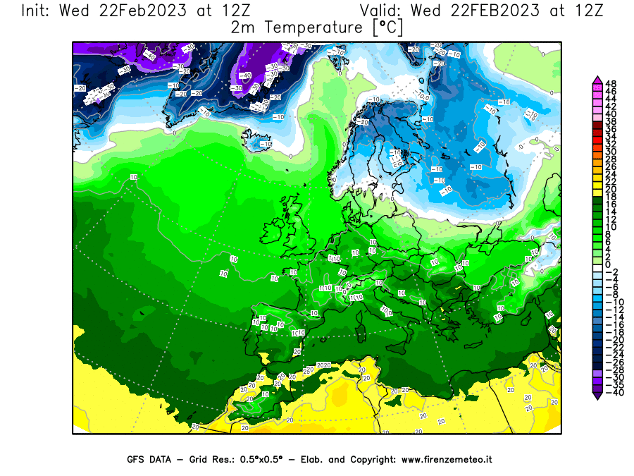 Mappa di analisi GFS - Temperatura a 2 metri dal suolo [°C] in Europa
							del 22/02/2023 12 <!--googleoff: index-->UTC<!--googleon: index-->