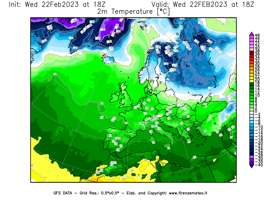 Mappa di analisi GFS - Temperatura a 2 metri dal suolo [°C] in Europa
							del 22/02/2023 18 <!--googleoff: index-->UTC<!--googleon: index-->