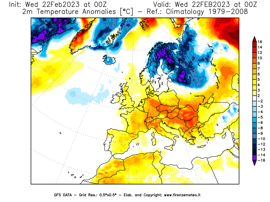 Mappa di analisi GFS - Anomalia Temperatura [°C] a 2 m in Europa
							del 22/02/2023 00 <!--googleoff: index-->UTC<!--googleon: index-->