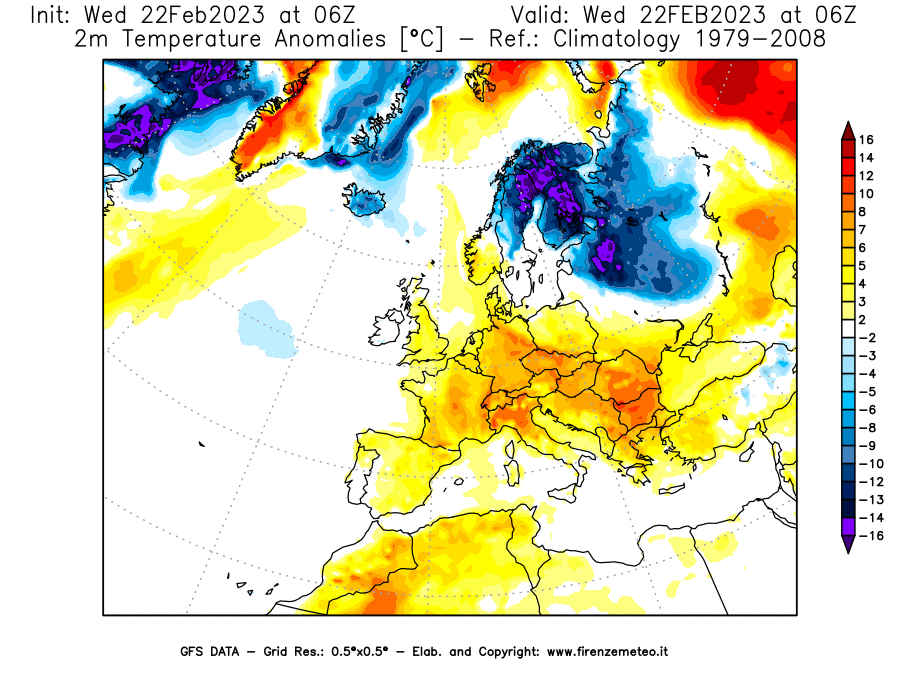 Mappa di analisi GFS - Anomalia Temperatura [°C] a 2 m in Europa
							del 22/02/2023 06 <!--googleoff: index-->UTC<!--googleon: index-->