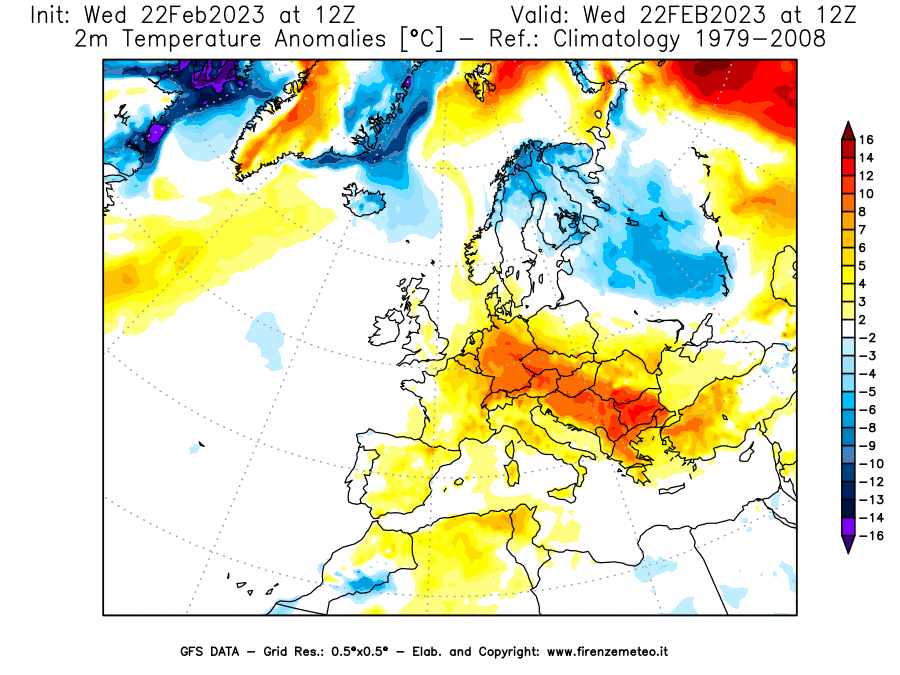 Mappa di analisi GFS - Anomalia Temperatura [°C] a 2 m in Europa
							del 22/02/2023 12 <!--googleoff: index-->UTC<!--googleon: index-->