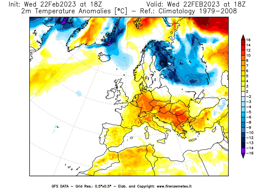 Mappa di analisi GFS - Anomalia Temperatura [°C] a 2 m in Europa
							del 22/02/2023 18 <!--googleoff: index-->UTC<!--googleon: index-->