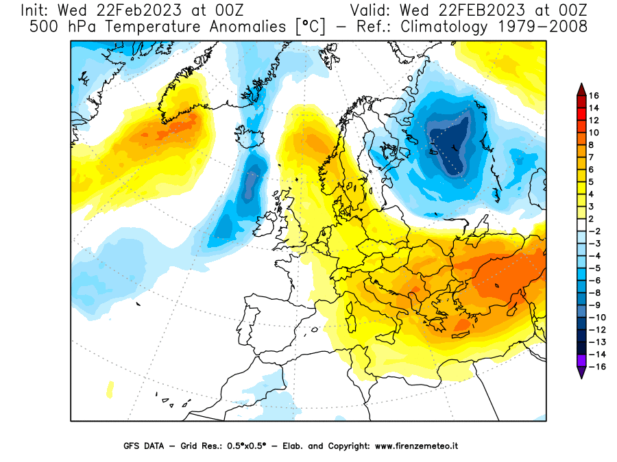 Mappa di analisi GFS - Anomalia Temperatura [°C] a 500 hPa in Europa
							del 22/02/2023 00 <!--googleoff: index-->UTC<!--googleon: index-->