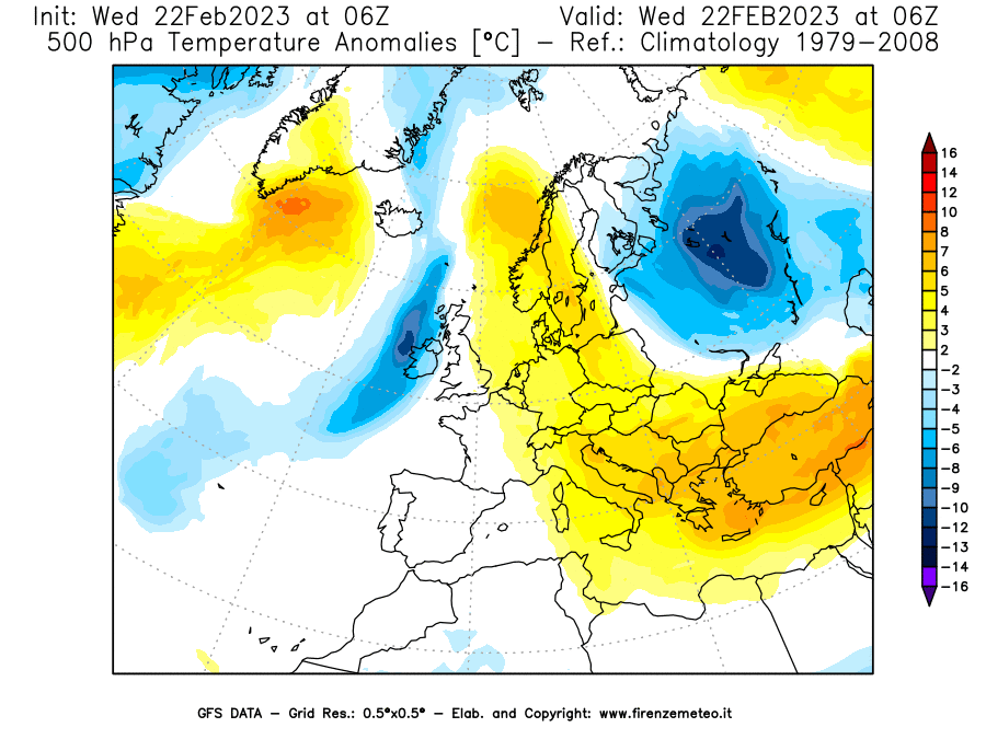 Mappa di analisi GFS - Anomalia Temperatura [°C] a 500 hPa in Europa
							del 22/02/2023 06 <!--googleoff: index-->UTC<!--googleon: index-->
