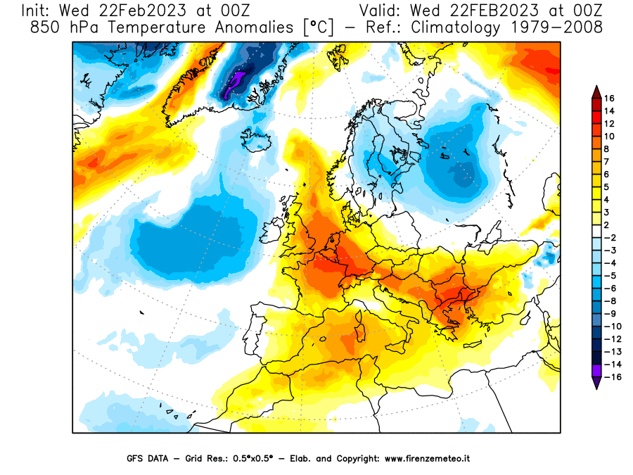 Mappa di analisi GFS - Anomalia Temperatura [°C] a 850 hPa in Europa
							del 22/02/2023 00 <!--googleoff: index-->UTC<!--googleon: index-->