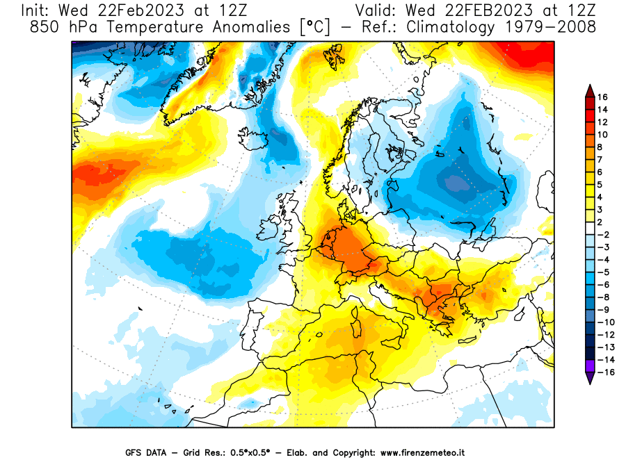 Mappa di analisi GFS - Anomalia Temperatura [°C] a 850 hPa in Europa
							del 22/02/2023 12 <!--googleoff: index-->UTC<!--googleon: index-->