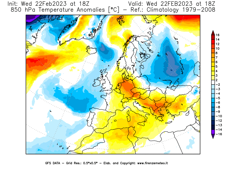 Mappa di analisi GFS - Anomalia Temperatura [°C] a 850 hPa in Europa
							del 22/02/2023 18 <!--googleoff: index-->UTC<!--googleon: index-->