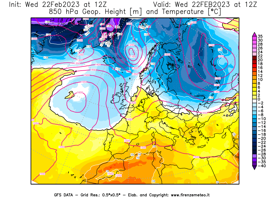 Mappa di analisi GFS - Geopotenziale [m] e Temperatura [°C] a 850 hPa in Europa
							del 22/02/2023 12 <!--googleoff: index-->UTC<!--googleon: index-->