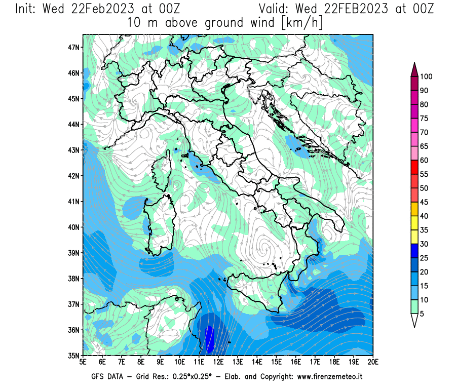 Mappa di analisi GFS - Velocità del vento a 10 metri dal suolo [km/h] in Italia
							del 22/02/2023 00 <!--googleoff: index-->UTC<!--googleon: index-->