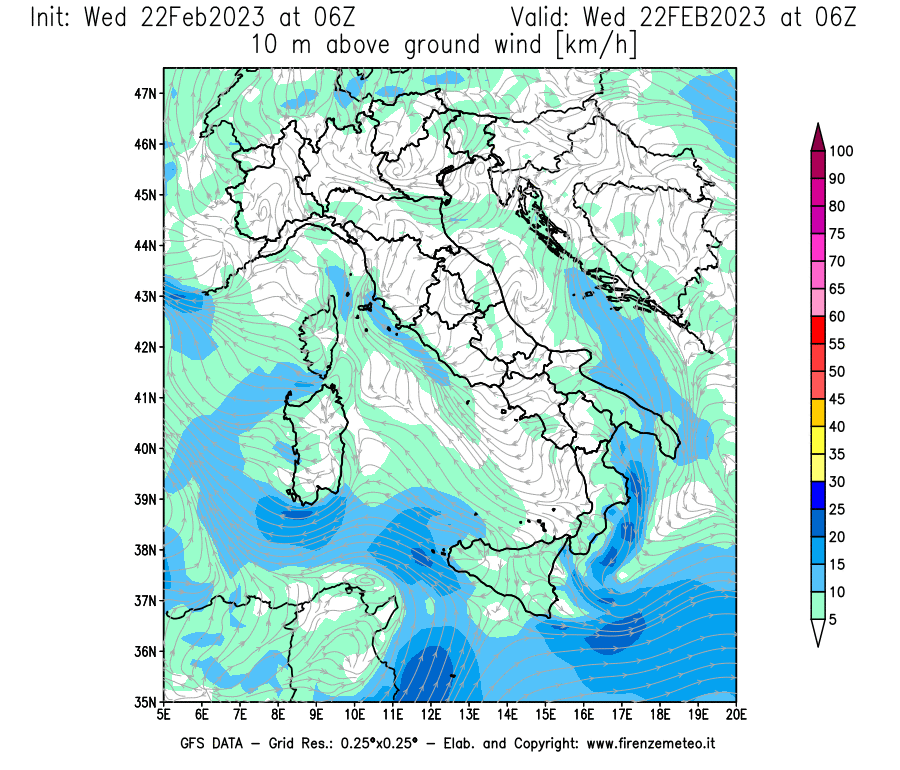 Mappa di analisi GFS - Velocità del vento a 10 metri dal suolo [km/h] in Italia
							del 22/02/2023 06 <!--googleoff: index-->UTC<!--googleon: index-->