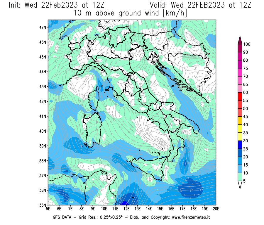 Mappa di analisi GFS - Velocità del vento a 10 metri dal suolo [km/h] in Italia
							del 22/02/2023 12 <!--googleoff: index-->UTC<!--googleon: index-->