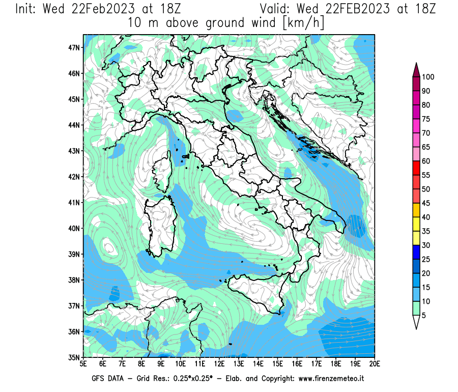 Mappa di analisi GFS - Velocità del vento a 10 metri dal suolo [km/h] in Italia
							del 22/02/2023 18 <!--googleoff: index-->UTC<!--googleon: index-->