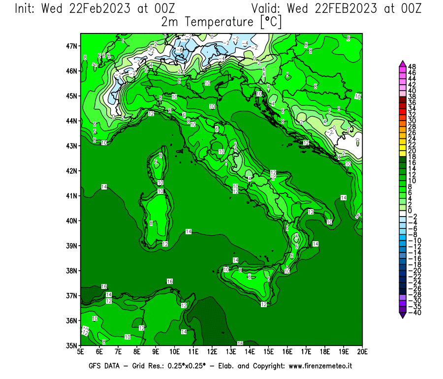 Mappa di analisi GFS - Temperatura a 2 metri dal suolo [°C] in Italia
							del 22/02/2023 00 <!--googleoff: index-->UTC<!--googleon: index-->